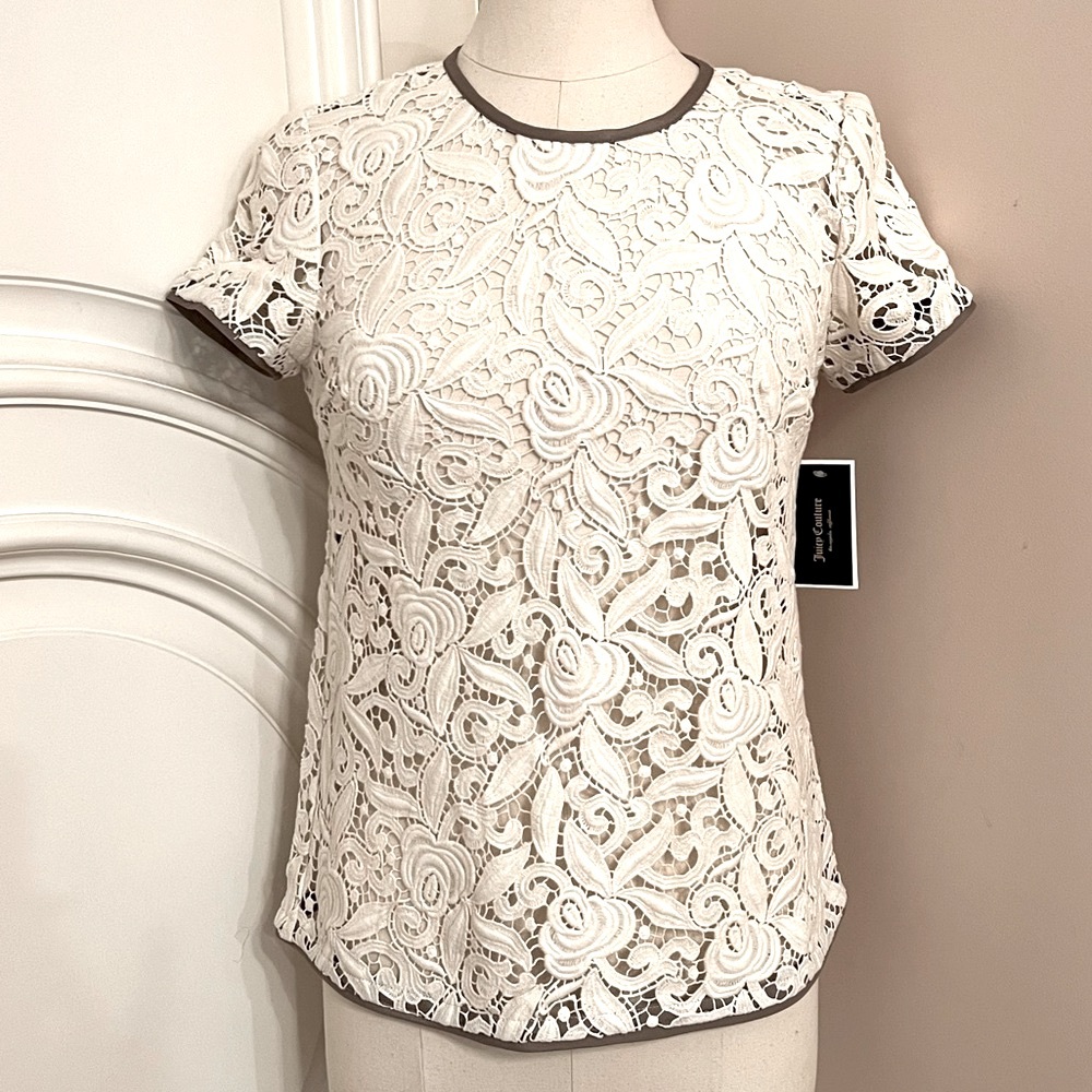NWT Juicy Couture Guipuere Lace Short Sleeve Top - Angel